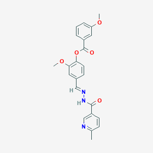 molecular formula C23H21N3O5 B11543422 2-methoxy-4-[(E)-{2-[(6-methylpyridin-3-yl)carbonyl]hydrazinylidene}methyl]phenyl 3-methoxybenzoate 