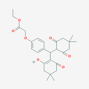 molecular formula C27H34O7 B11543455 Ethyl {4-[(4,4-dimethyl-2,6-dioxocyclohexyl)(2-hydroxy-4,4-dimethyl-6-oxocyclohex-1-en-1-yl)methyl]phenoxy}acetate 