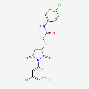 molecular formula C18H13Cl3N2O3S B11543547 N-(4-chlorophenyl)-2-{[1-(3,5-dichlorophenyl)-2,5-dioxopyrrolidin-3-yl]sulfanyl}acetamide 