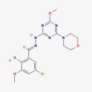 molecular formula C16H19BrN6O4 B11543567 4-bromo-2-methoxy-6-[(E)-{2-[4-methoxy-6-(morpholin-4-yl)-1,3,5-triazin-2-yl]hydrazinylidene}methyl]phenol 
