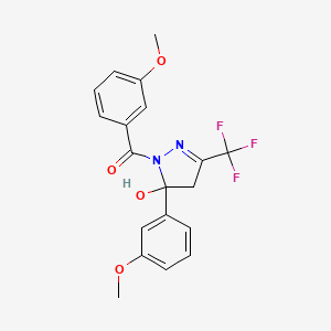molecular formula C19H17F3N2O4 B11543616 [5-Hydroxy-5-(3-methoxyphenyl)-3-trifluoromethyl-4,5-dihydropyrazol-1-yl]-(3-methoxyphenyl)methanone 