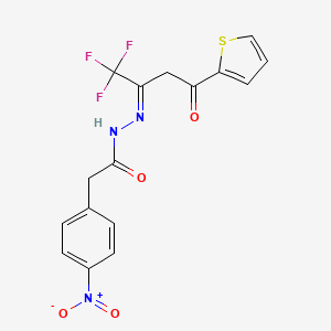 molecular formula C16H12F3N3O4S B11543633 2-(4-nitrophenyl)-N'-[(2Z)-1,1,1-trifluoro-4-oxo-4-(thiophen-2-yl)butan-2-ylidene]acetohydrazide 