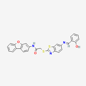 molecular formula C28H19N3O3S2 B11543680 N-(Dibenzo[B,D]furan-3-YL)-2-[(6-{[(Z)-(2-hydroxyphenyl)methylene]amino}-1,3-benzothiazol-2-YL)sulfanyl]acetamide 
