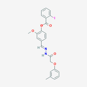 molecular formula C24H21IN2O5 B11543899 2-methoxy-4-[(E)-{2-[(3-methylphenoxy)acetyl]hydrazinylidene}methyl]phenyl 2-iodobenzoate 
