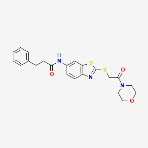 molecular formula C22H23N3O3S2 B11543977 N-(2-{[2-(morpholin-4-yl)-2-oxoethyl]sulfanyl}-1,3-benzothiazol-6-yl)-3-phenylpropanamide 