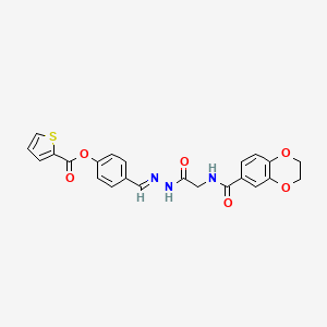 molecular formula C23H19N3O6S B11544218 4-[(E)-(2-{[(2,3-dihydro-1,4-benzodioxin-6-ylcarbonyl)amino]acetyl}hydrazinylidene)methyl]phenyl thiophene-2-carboxylate (non-preferred name) 