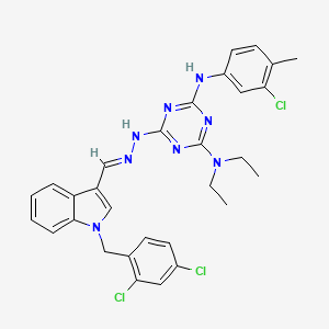 molecular formula C30H29Cl3N8 B11545383 N'-(3-chloro-4-methylphenyl)-6-[(2E)-2-{[1-(2,4-dichlorobenzyl)-1H-indol-3-yl]methylidene}hydrazinyl]-N,N-diethyl-1,3,5-triazine-2,4-diamine 