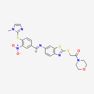 molecular formula C24H22N6O4S3 B11545448 2-[(6-{[(E)-{4-[(1-methyl-1H-imidazol-2-yl)sulfanyl]-3-nitrophenyl}methylidene]amino}-1,3-benzothiazol-2-yl)sulfanyl]-1-(morpholin-4-yl)ethanone 