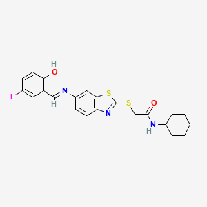 molecular formula C22H22IN3O2S2 B11545511 N-cyclohexyl-2-[(6-{[(E)-(2-hydroxy-5-iodophenyl)methylidene]amino}-1,3-benzothiazol-2-yl)sulfanyl]acetamide 