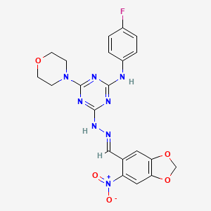 molecular formula C21H19FN8O5 B11545579 N-(4-fluorophenyl)-4-(morpholin-4-yl)-6-{(2E)-2-[(6-nitro-1,3-benzodioxol-5-yl)methylidene]hydrazinyl}-1,3,5-triazin-2-amine 