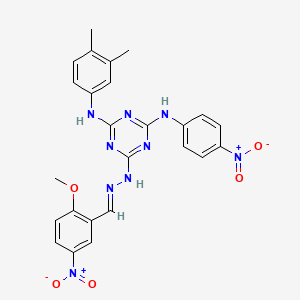 molecular formula C25H23N9O5 B11546039 N-(3,4-dimethylphenyl)-6-[(2E)-2-(2-methoxy-5-nitrobenzylidene)hydrazinyl]-N'-(4-nitrophenyl)-1,3,5-triazine-2,4-diamine 