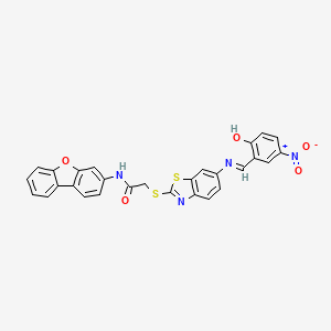 molecular formula C28H18N4O5S2 B11546211 N-(Dibenzo[B,D]furan-3-YL)-2-[(6-{[(Z)-(2-hydroxy-5-nitrophenyl)methylene]amino}-1,3-benzothiazol-2-YL)sulfanyl]acetamide 