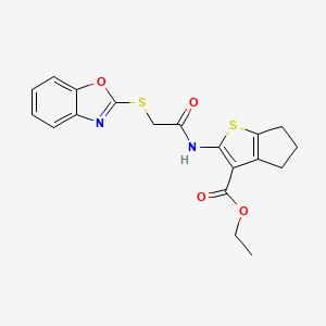 molecular formula C19H18N2O4S2 B11546328 ethyl 2-{[(1,3-benzoxazol-2-ylsulfanyl)acetyl]amino}-5,6-dihydro-4H-cyclopenta[b]thiophene-3-carboxylate 