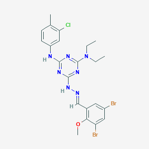 molecular formula C22H24Br2ClN7O B11546619 N'-(3-chloro-4-methylphenyl)-6-[(2E)-2-(3,5-dibromo-2-methoxybenzylidene)hydrazinyl]-N,N-diethyl-1,3,5-triazine-2,4-diamine 