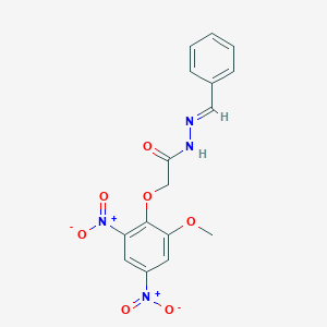 molecular formula C16H14N4O7 B11546744 2-(2-methoxy-4,6-dinitrophenoxy)-N'-[(E)-phenylmethylidene]acetohydrazide 