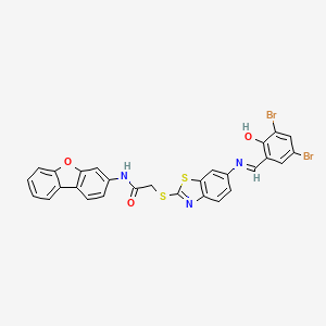 molecular formula C28H17Br2N3O3S2 B11546865 N-(Dibenzo[B,D]furan-3-YL)-2-[(6-{[(Z)-(3,5-dibromo-2-hydroxyphenyl)methylene]amino}-1,3-benzothiazol-2-YL)sulfanyl]acetamide 