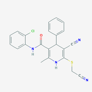 molecular formula C22H17ClN4OS B11546947 N-(2-chlorophenyl)-5-cyano-6-[(cyanomethyl)sulfanyl]-2-methyl-4-phenyl-1,4-dihydropyridine-3-carboxamide 
