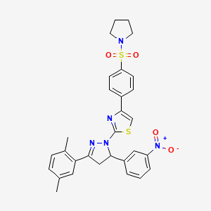 molecular formula C30H29N5O4S2 B11547064 2-[3-(2,5-dimethylphenyl)-5-(3-nitrophenyl)-4,5-dihydro-1H-pyrazol-1-yl]-4-[4-(pyrrolidin-1-ylsulfonyl)phenyl]-1,3-thiazole 