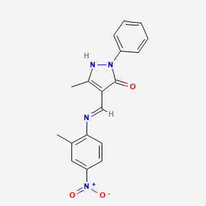 molecular formula C18H16N4O3 B11547335 (4E)-5-methyl-4-{[(2-methyl-4-nitrophenyl)amino]methylidene}-2-phenyl-2,4-dihydro-3H-pyrazol-3-one 