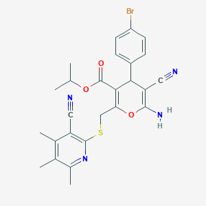 molecular formula C26H25BrN4O3S B11547460 propan-2-yl 6-amino-4-(4-bromophenyl)-5-cyano-2-{[(3-cyano-4,5,6-trimethylpyridin-2-yl)sulfanyl]methyl}-4H-pyran-3-carboxylate 