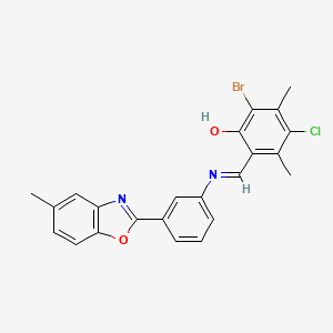 molecular formula C23H18BrClN2O2 B11547567 2-bromo-4-chloro-3,5-dimethyl-6-[(E)-{[3-(5-methyl-1,3-benzoxazol-2-yl)phenyl]imino}methyl]phenol 