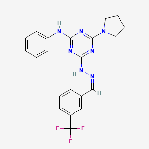 molecular formula C21H20F3N7 B11551165 N-phenyl-4-(pyrrolidin-1-yl)-6-{(2Z)-2-[3-(trifluoromethyl)benzylidene]hydrazinyl}-1,3,5-triazin-2-amine 