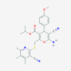 molecular formula C27H28N4O4S B11552576 propan-2-yl 6-amino-5-cyano-2-{[(3-cyano-4,5,6-trimethylpyridin-2-yl)sulfanyl]methyl}-4-(4-methoxyphenyl)-4H-pyran-3-carboxylate 