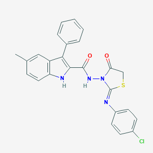 molecular formula C25H19ClN4O2S B115526 N-[2-(4-chlorophenyl)imino-4-oxo-1,3-thiazolidin-3-yl]-5-methyl-3-phenyl-1H-indole-2-carboxamide CAS No. 148372-33-2