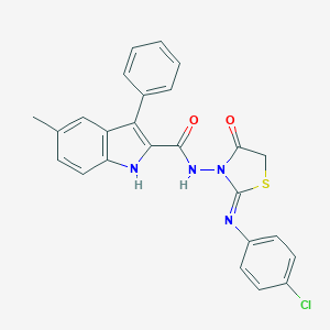 N-(2-((4-chlorophenyl)imino)-4-oxo-3-thiazolidinyl)-5-methyl-3-phenyl-1H-indole-2-carboxamide