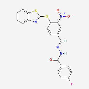 molecular formula C21H13FN4O3S2 B11554885 N'-[(E)-[4-(1,3-Benzothiazol-2-ylsulfanyl)-3-nitrophenyl]methylidene]-4-fluorobenzohydrazide 