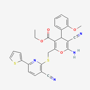molecular formula C27H22N4O4S2 B11556413 ethyl 6-amino-5-cyano-2-({[3-cyano-6-(thiophen-2-yl)pyridin-2-yl]sulfanyl}methyl)-4-(2-methoxyphenyl)-4H-pyran-3-carboxylate 