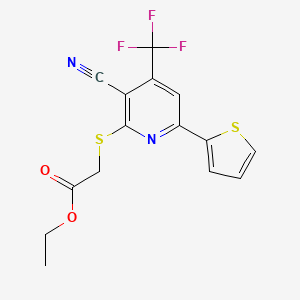 molecular formula C15H11F3N2O2S2 B11557396 Ethyl ((3-cyano-6-(2-thienyl)-4-(trifluoromethyl)-2-pyridinyl)thio)acetate CAS No. 299198-22-4