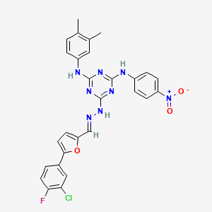 molecular formula C28H22ClFN8O3 B11560006 6-[(2E)-2-{[5-(3-chloro-4-fluorophenyl)furan-2-yl]methylidene}hydrazinyl]-N-(3,4-dimethylphenyl)-N'-(4-nitrophenyl)-1,3,5-triazine-2,4-diamine 