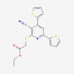 molecular formula C18H14N2O2S3 B11566112 Ethyl {[3-cyano-4,6-di(thiophen-2-yl)pyridin-2-yl]sulfanyl}acetate 