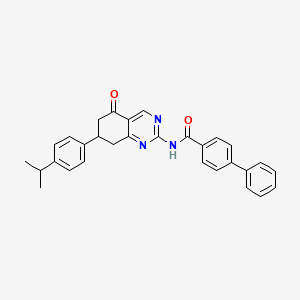 molecular formula C30H27N3O2 B11566354 N-{5-oxo-7-[4-(propan-2-yl)phenyl]-5,6,7,8-tetrahydroquinazolin-2-yl}biphenyl-4-carboxamide 