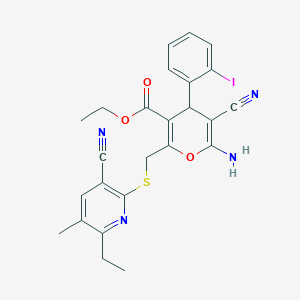 molecular formula C25H23IN4O3S B11566839 ethyl 6-amino-5-cyano-2-{[(3-cyano-6-ethyl-5-methylpyridin-2-yl)sulfanyl]methyl}-4-(2-iodophenyl)-4H-pyran-3-carboxylate 