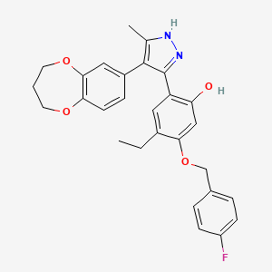 molecular formula C28H27FN2O4 B11571409 2-[4-(3,4-dihydro-2H-1,5-benzodioxepin-7-yl)-5-methyl-1H-pyrazol-3-yl]-4-ethyl-5-[(4-fluorobenzyl)oxy]phenol 