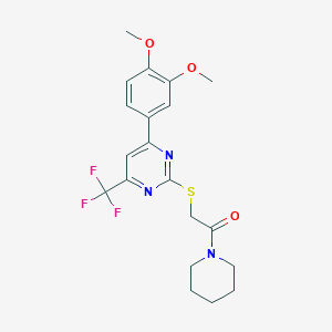 molecular formula C20H22F3N3O3S B11571557 2-{[4-(3,4-Dimethoxyphenyl)-6-(trifluoromethyl)pyrimidin-2-yl]sulfanyl}-1-(piperidin-1-yl)ethanone 