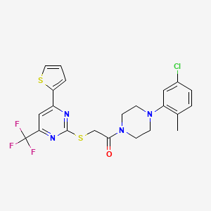 molecular formula C22H20ClF3N4OS2 B11573321 1-[4-(5-Chloro-2-methylphenyl)piperazin-1-yl]-2-{[4-(thiophen-2-yl)-6-(trifluoromethyl)pyrimidin-2-yl]sulfanyl}ethanone 