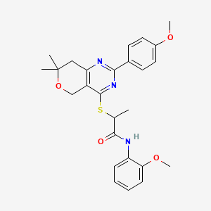 molecular formula C26H29N3O4S B11573468 N-(2-methoxyphenyl)-2-{[2-(4-methoxyphenyl)-7,7-dimethyl-7,8-dihydro-5H-pyrano[4,3-d]pyrimidin-4-yl]sulfanyl}propanamide 