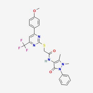molecular formula C25H22F3N5O3S B11574850 N-(1,5-dimethyl-3-oxo-2-phenyl-2,3-dihydro-1H-pyrazol-4-yl)-2-{[4-(4-methoxyphenyl)-6-(trifluoromethyl)pyrimidin-2-yl]sulfanyl}acetamide 