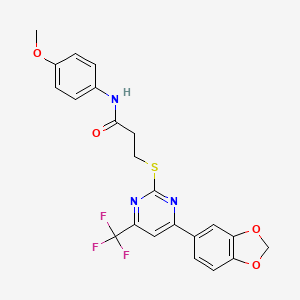 molecular formula C22H18F3N3O4S B11574980 3-{[4-(1,3-benzodioxol-5-yl)-6-(trifluoromethyl)pyrimidin-2-yl]sulfanyl}-N-(4-methoxyphenyl)propanamide 