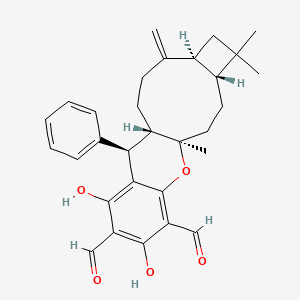 molecular formula C30H34O5 B1157564 (1R,4R,7S,11S,12R)-14,16-dihydroxy-1,5,5-trimethyl-8-methylidene-12-phenyl-19-oxatetracyclo[9.8.0.04,7.013,18]nonadeca-13,15,17-triene-15,17-dicarbaldehyde CAS No. 959860-49-2