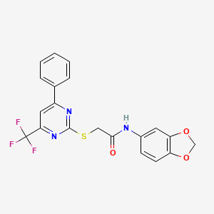 molecular formula C20H14F3N3O3S B11577442 N-(2H-1,3-Benzodioxol-5-YL)-2-{[4-phenyl-6-(trifluoromethyl)pyrimidin-2-YL]sulfanyl}acetamide 