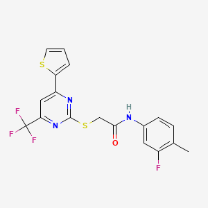 molecular formula C18H13F4N3OS2 B11577771 N-(3-fluoro-4-methylphenyl)-2-{[4-(thiophen-2-yl)-6-(trifluoromethyl)pyrimidin-2-yl]sulfanyl}acetamide 