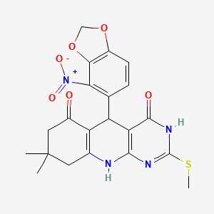 molecular formula C21H20N4O6S B11578675 8,8-Dimethyl-2-(methylsulfanyl)-5-(4-nitro-2H-1,3-benzodioxol-5-YL)-3H,4H,5H,6H,7H,8H,9H,10H-pyrimido[4,5-B]quinoline-4,6-dione 