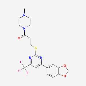 molecular formula C20H21F3N4O3S B11581850 3-{[4-(1,3-Benzodioxol-5-yl)-6-(trifluoromethyl)pyrimidin-2-yl]sulfanyl}-1-(4-methylpiperazin-1-yl)propan-1-one 