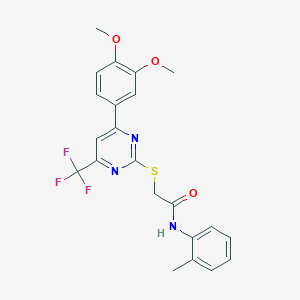 molecular formula C22H20F3N3O3S B11584807 2-{[4-(3,4-dimethoxyphenyl)-6-(trifluoromethyl)pyrimidin-2-yl]sulfanyl}-N-(2-methylphenyl)acetamide 