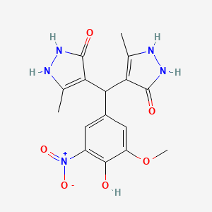 molecular formula C16H17N5O6 B11593324 4-[(4-hydroxy-3-methoxy-5-nitrophenyl)(5-hydroxy-3-methyl-1H-pyrazol-4-yl)methyl]-3-methyl-1H-pyrazol-5-ol 