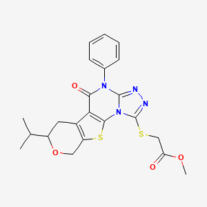 molecular formula C22H22N4O4S2 B11594281 methyl 2-[(8-oxo-7-phenyl-12-propan-2-yl-13-oxa-16-thia-2,4,5,7-tetrazatetracyclo[7.7.0.02,6.010,15]hexadeca-1(9),3,5,10(15)-tetraen-3-yl)sulfanyl]acetate 